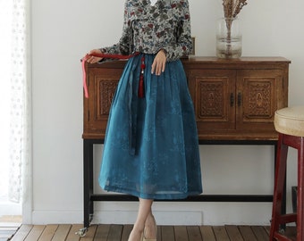 Korean Modern Hanbok Skirt Women&#39;s Traditional Wrap Skirt Mid-calf Skirts TETEROT SALON Traditional Bugcheongsaeg 북청색 전통치마