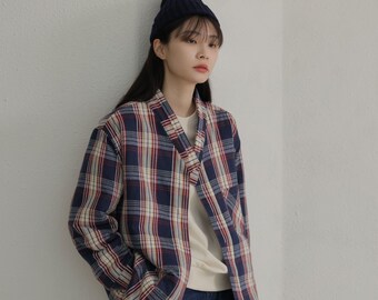 Modern Hanbok Loose Fit Flannel Jacket, Check pattern Oversized Retro Jacket kpop BTS Shirt Street Fashion TETEROT SALON Blue Mountain 블루마운틴