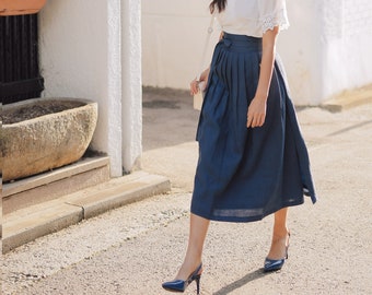 navy linen midi skirt