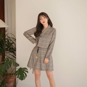 S~XXL size Korean Modern Hanbok Jeogori Women&#39;s Hanbok Jacket Kpop Brown Vintage Check  TETEROT SALON Glen Check 글렌체크 저고리