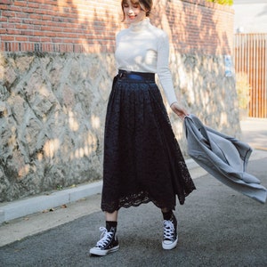 Women&#39;s Wrap Skirt Modern Hanbok Wrap Skirt  Korean Vintage Navy Lace Maxi Long Skirts TETEROT SALON Mood Lace  4colors 무드레이스