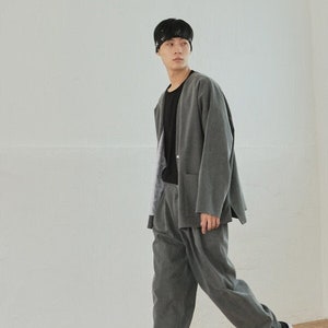 Unisex Modern Hanbok Loose Fit Jacket, Oversized Retro Jacket kpop BTS Shirt Street Fashion TETEROT SALON Everyone Gray 모두의 마고자 현무암 회색