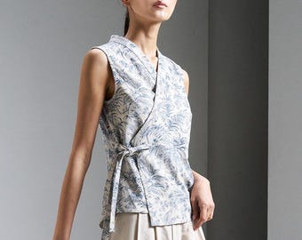 Sleeveless Linen Wrap Blouse - Korean Modern Hanbok Style | TETEROT SALON Tropical Rainforest Sleeveless Blouse 열대우림 민소매 블라우스