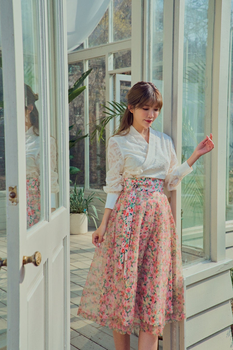 Women's Flower Pattern Wrap Skirt Korean Modern Hanbok Midi Long