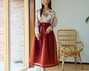 Korean Modern Hanbok Skirt Women's Traditional Wrap Skirt TETEROT SALON Traditional Mid-calf Wine Skirts 전통 허리치마 와인색