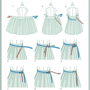 Może przedstawiać: Diagram przedstawiający dziewięć krok&oacute;w, jak zawiązać sp&oacute;dnicę hanbok. Sp&oacute;dnica jest jasnozielona z niebieską i czerwoną wstążką. Tekst na obrazku brzmi "Jak nosić sp&oacute;dnicę hanbok" i "Teterot Salon".