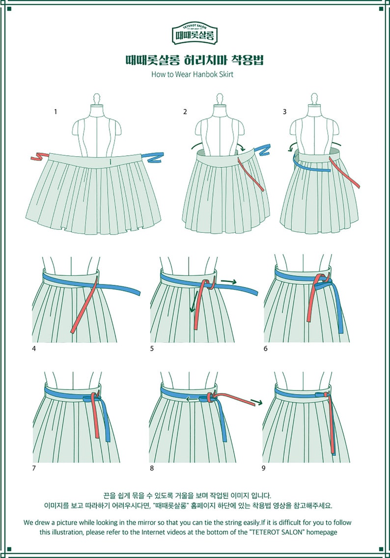 Może przedstawiać: Diagram przedstawiający dziewięć krok&oacute;w, jak zawiązać sp&oacute;dnicę hanbok. Sp&oacute;dnica jest jasnozielona z niebieską i czerwoną wstążką. Tekst na obrazku brzmi "Jak nosić sp&oacute;dnicę hanbok" i "Teterot Salon".