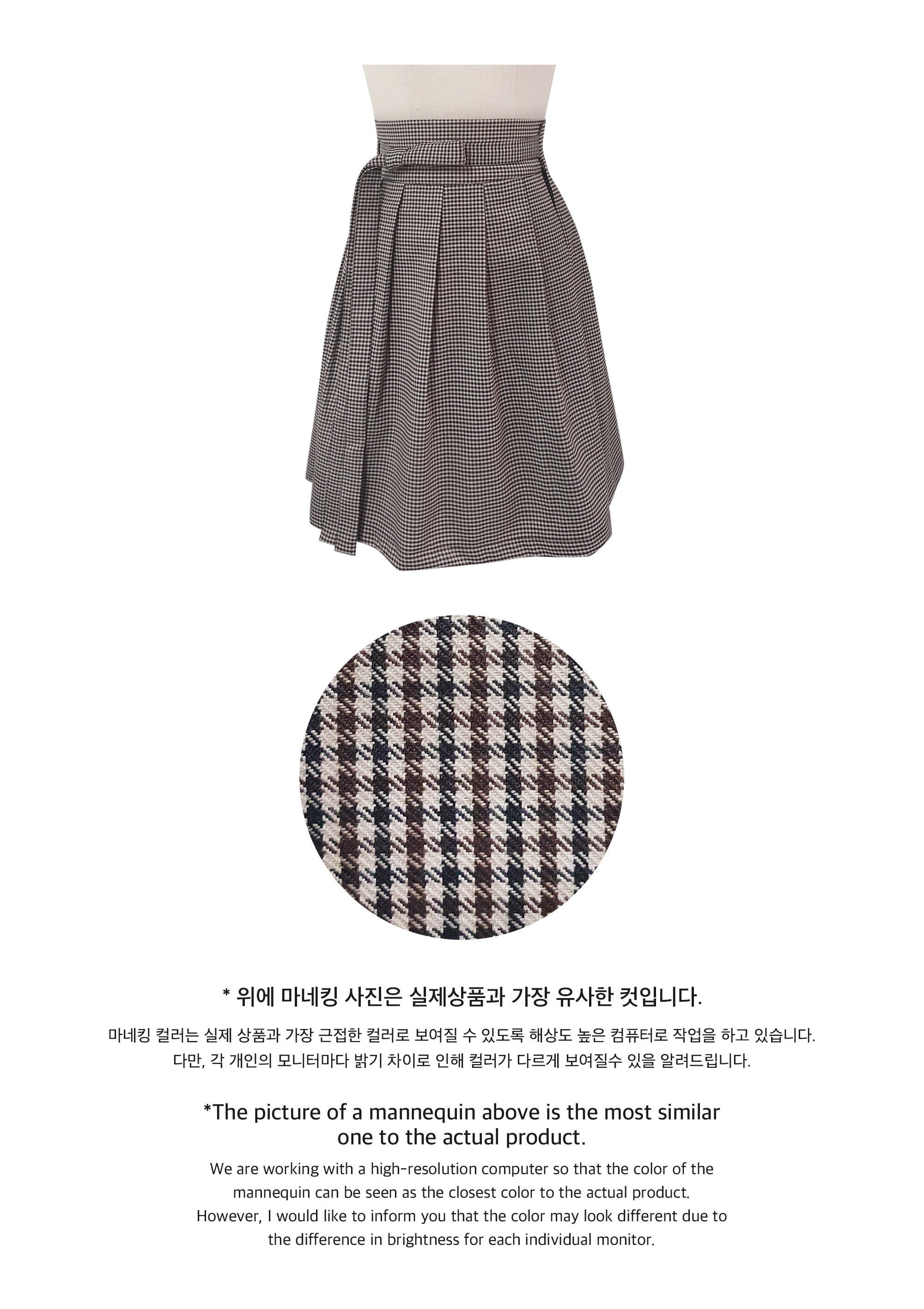 Women's Clothing Mini Wrap Skirt, Brown Check, Korean K-pop Modern