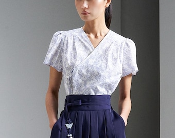 Modern Hanbok Blouse Korean Style Fashion TETEROT SALON Pureunsol Short Sleeve Blouse Blue pattern 푸른솔 블라우스