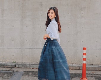 Korean Modern Hanbok Wrap Skirt – Tie-dye Gradation Blue Mid-calf