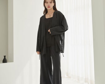 Modern Hanbok Black Loose Fit Cardigan, kpop BTS Shirt Street Fashion TETEROT SALON Lingering Imagery Black 여운 블랙 T1J04A068