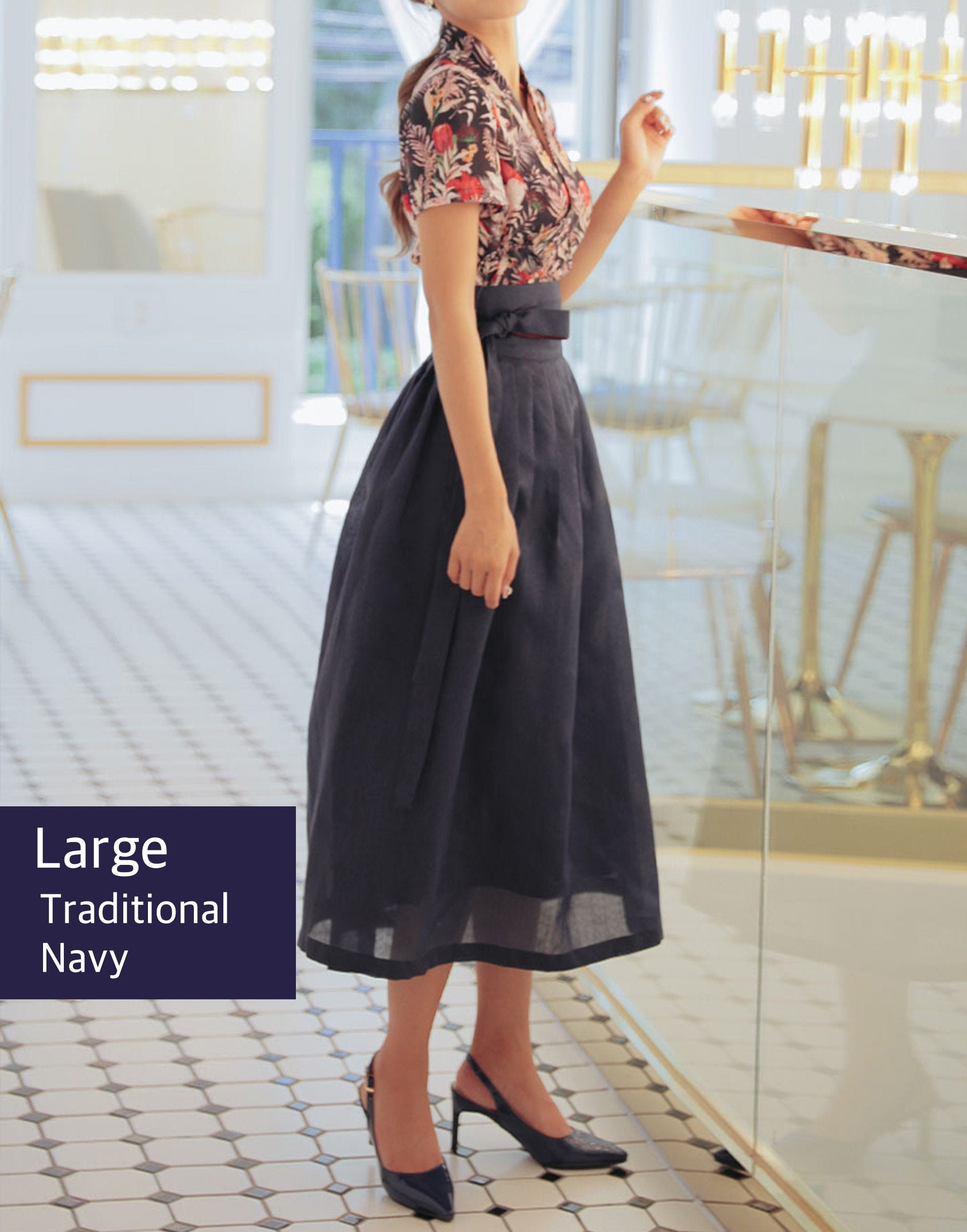 Korean Modern Hanbok Wrap Skirt – Traditional Dark Navy Large Size Korean Modern Hanbok Wrap Skirt – Traditional Dark Navy Large Size