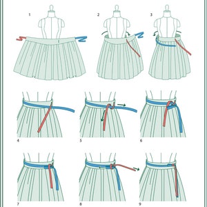 May include: An instructional diagram titled Teterot Salon How to Wear Hanbok Skirt, featuring nine numbered illustrations of a mannequin wearing a pleated skirt with red and blue ties, demonstrating the step-by-step process of wrapping and knotting the ties.