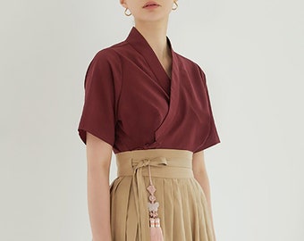 Basic short-sleeved modern hanbok blouse Women's Wrap Blouse Hanbok Blouse Top Jeogori TETEROT SALON Sijag Blouse Wine