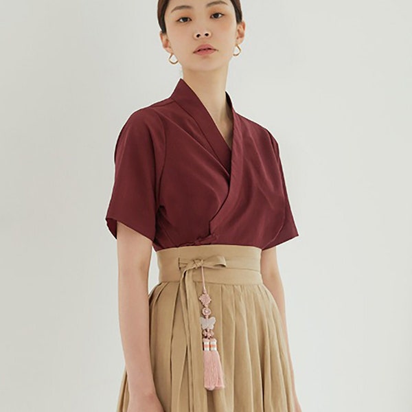 Basic short-sleeved modern hanbok blouse Women's Wrap Blouse Hanbok Blouse Top Jeogori TETEROT SALON Sijag Blouse Wine