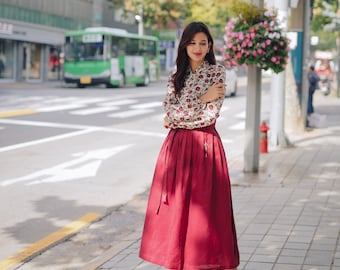 Linen Wrap Skirt for Women – Modern Korean Hanbok Style, Burgundy