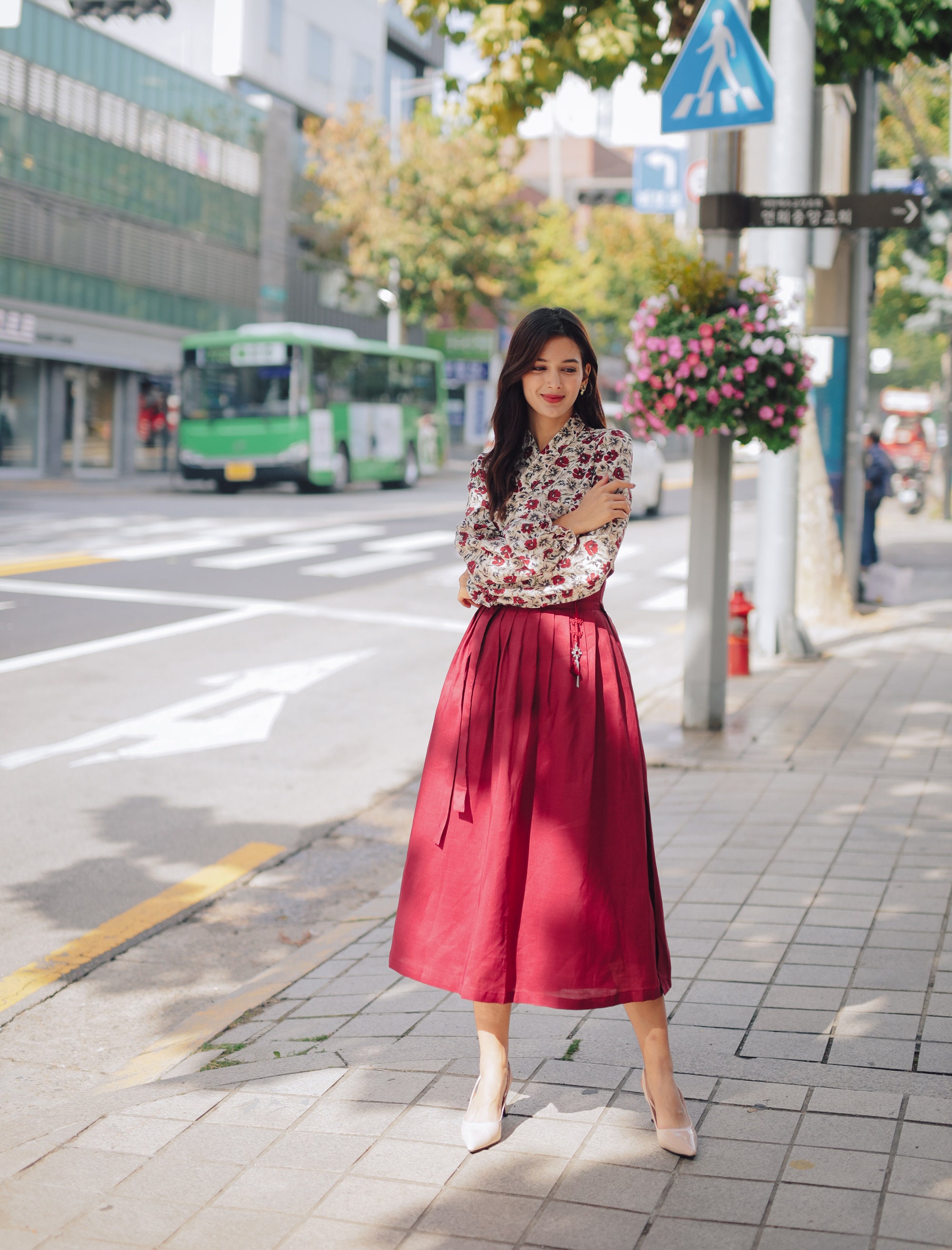 Linen Wrap Skirt for Women – Modern Korean Hanbok Style, Burgundy