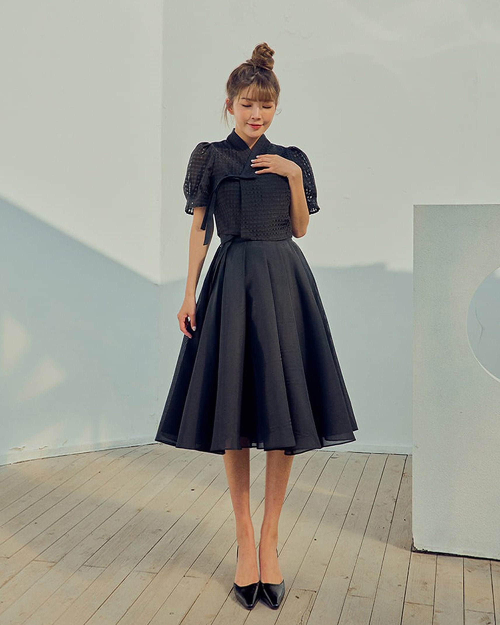 Korean Modern Hanbok Skirt Women's Traditional Wrap Teterot Salon Neouljalag Black 너울자락 블랙
