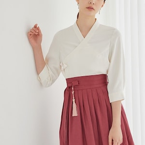 Women's Blouse 3/4 Sleeve Ivory Black Hanbok Korean Vintage Party Jeogori, TETEROT SALON Palette Ivory