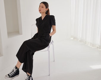 Women's Black Jumpsuit Loose fit Romper Wide leg Jumpsuit Wrap-style modern HanbokTETEROT SALON Hanaui Jumpsuit Black 하나의 점프수트 블랙