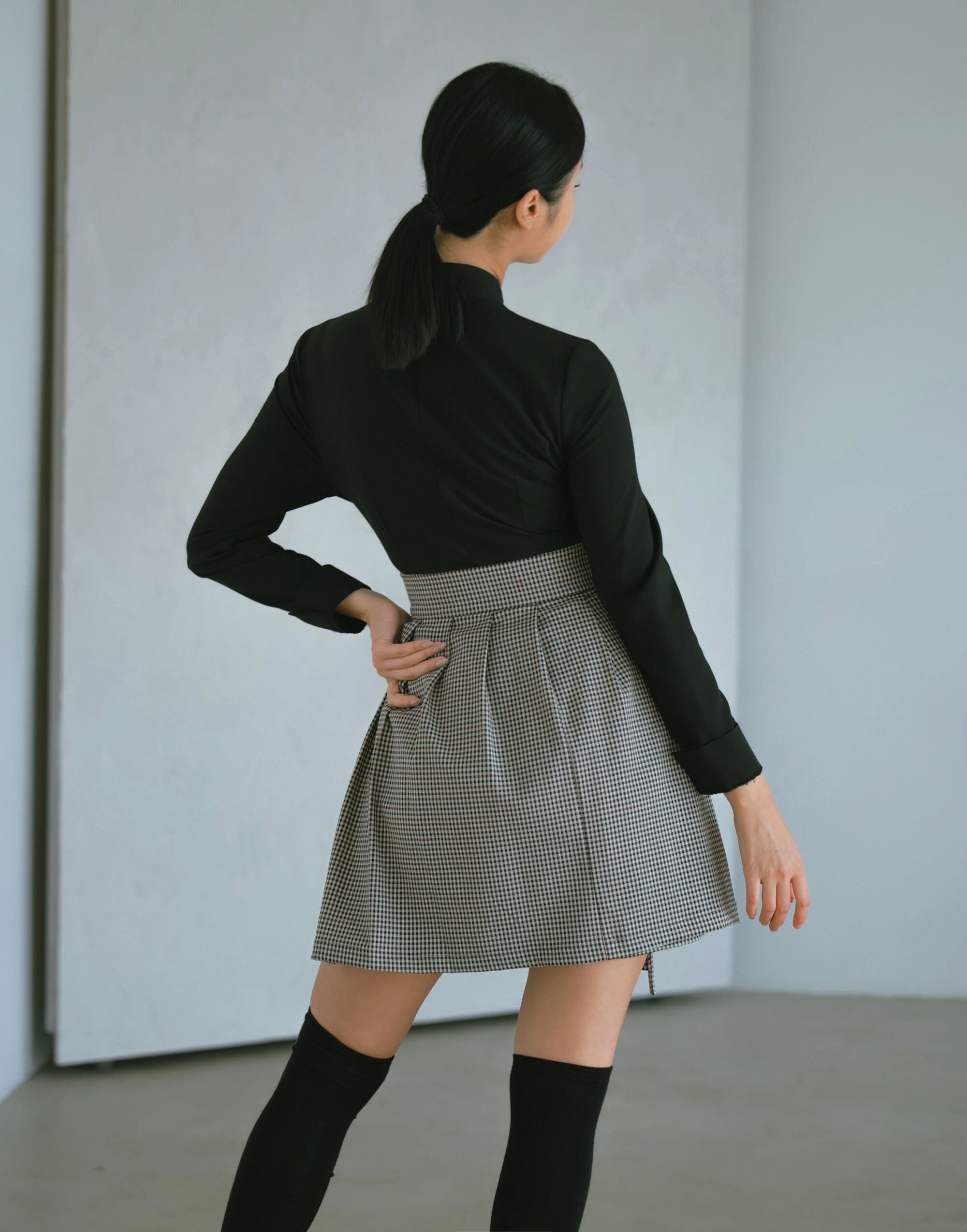 Women's Clothing Mini Wrap Skirt, Brown Check, Korean K-pop Modern