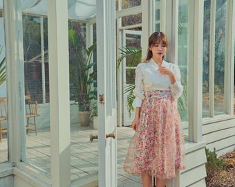Women's Flower Pattern Wrap Skirt Korean Modern Hanbok Midi Long