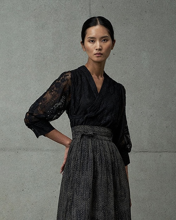 Black Lace Perfume Blouse, Modern Hanbok Style, Sheer Three Quarter Sleeve