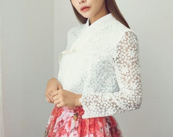 Women&#39;s Korean Traditional Modern Hanbok Lace Jeogori Hanbok Top TETEROT SALON heart fluttering Jeogori (White) 설레임 화이트
