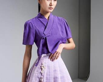 Modern Hanbok Blouse Korean Style Fashion TETEROT SALON Samdasoo Short Sleeve Blouse BTS deep purple - 삼다수 블라우스 진보라