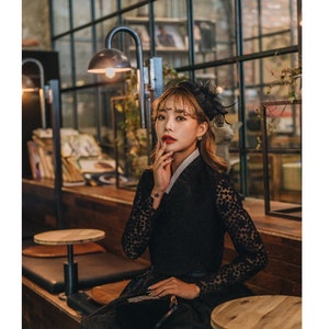 Women&#39;s Modern Hanbok Korean Black Long Sleeve Vintage Party Shirt Blouse Jeogori, TETEROT SALON heart fluttering in Black 설레임 블랙