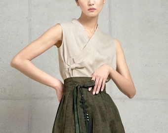 Sleeveless Linen Wrap Blouse - Korean Modern Hanbok Style TETEROT