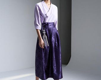 Modern Korean Hanbok Wrap Skirt TETEROT SALON - Satin Jacquard Wrap Skirt - Purple 넝쿨장미 허리치마 보라