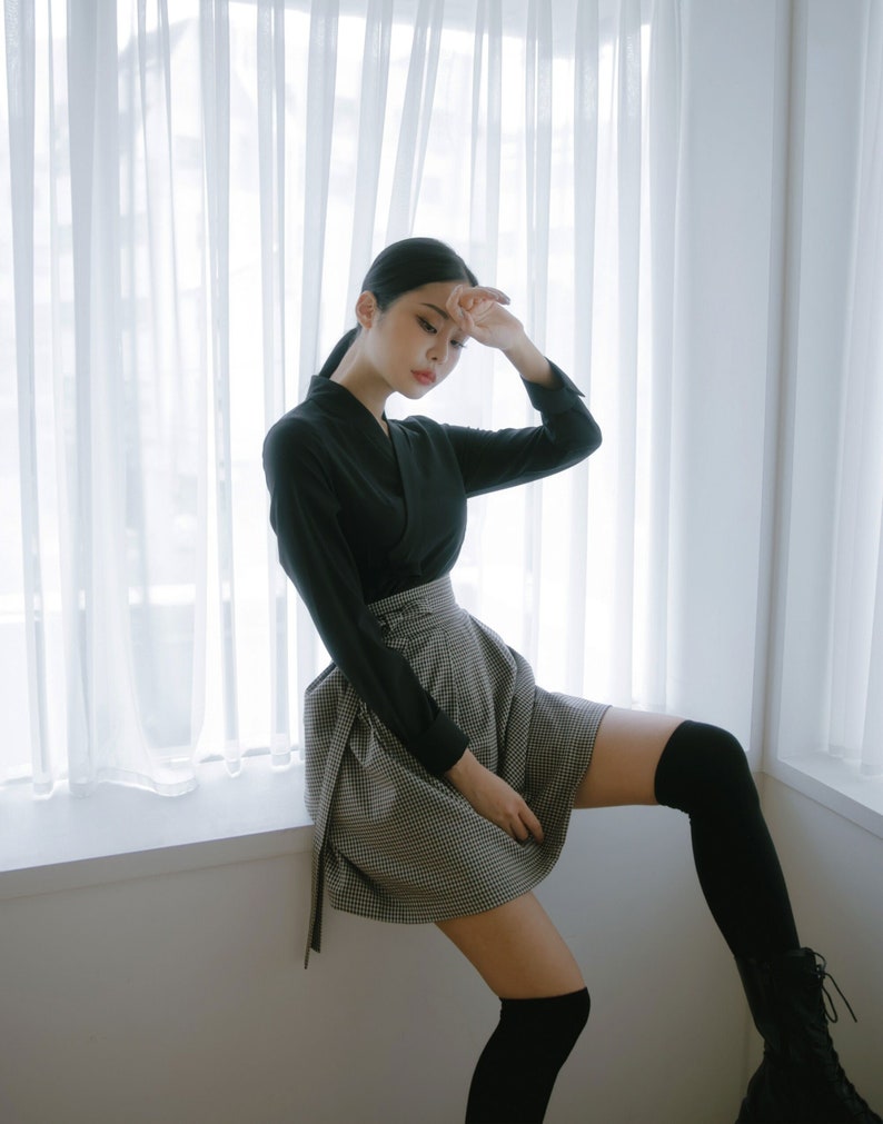 Women's Clothing Mini Wrap Skirt,Brown Check Mini Skirts,Korean K-pop Modern Hanbok style, TETEROT SALON Mini Shepherd T1H06A045 image 5