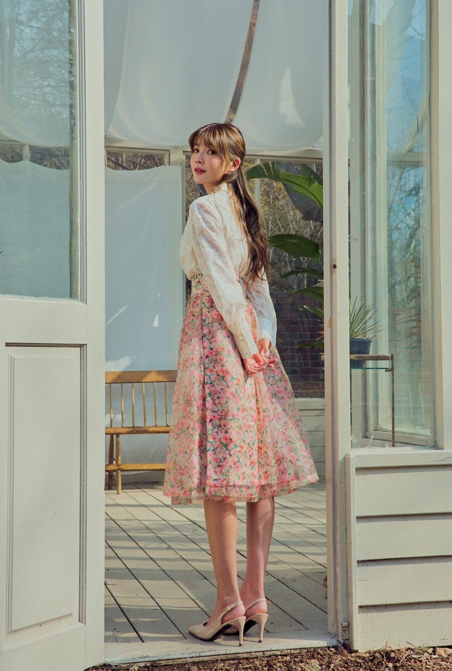 bohemian seoul PLEATED WRAP SKIRT Mサイズ Chiffon Skirt, Boho Chiffon Wrap Skirt, Summer Swing Chiffon Midi