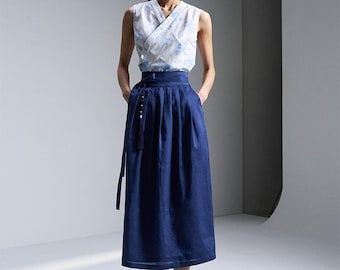 Modern Korean Hanbok Wrap Skirt TETEROT SALON - Linen Wrap Skirt Navy blue 린넨 허리치마