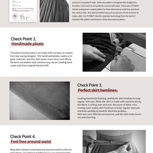 Puede incluir: Primer plano de una falda negra con una cintura blanca. La falda est&aacute; hecha con pliegues y tiene un lazo en la cintura. El texto "Check Point 1. The waist will stay tight" es visible en la parte superior de la imagen. El texto "Check Point 2. Handmade pleats" es visible en la parte media de la imagen. El texto "Check Point 3. Perfect skirt hemlines." es visible en la parte media de la imagen. El texto "Check Point 4. Feel free around waist" es visible en la parte inferior de la imagen.