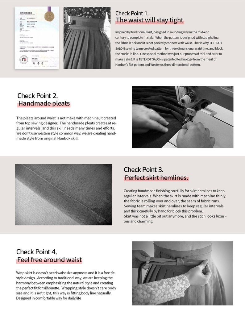 Puede incluir: Primer plano de una falda negra con una cintura blanca. La falda est&aacute; hecha con pliegues y tiene un lazo en la cintura. El texto "Check Point 1. The waist will stay tight" es visible en la parte superior de la imagen. El texto "Check Point 2. Handmade pleats" es visible en la parte media de la imagen. El texto "Check Point 3. Perfect skirt hemlines." es visible en la parte media de la imagen. El texto "Check Point 4. Feel free around waist" es visible en la parte inferior de la imagen.