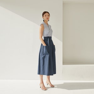 Linen High Waist Modern Hanbok Women Deep Pockets Wrap Skirt Ewha Village Deep Pockets Navy Skirt Made by TETEROT SALON 이화마을 네이비