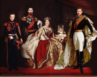 Composez votre portrait de famille royal,avec parents,enfants,proches,animaux,Portrait personnalisé,Fichier digital ou Impression d'art