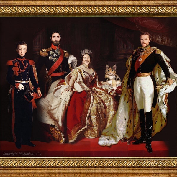 Composez votre portrait de famille royal,avec parents,enfants,proches,animaux,Portrait personnalisé,Fichier digital ou Impression d'art