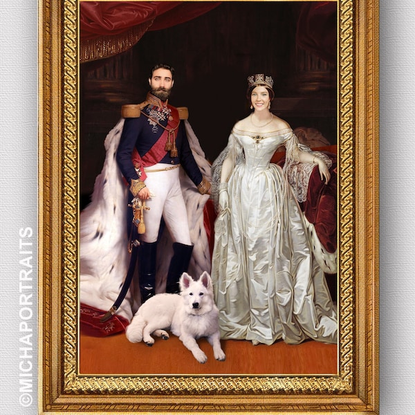 Couple+1 pet custom portrait,Custom portrait,Custom painting,Royal portrait,Historical portrait,Personalized gift,Unique gift,Wedding gift