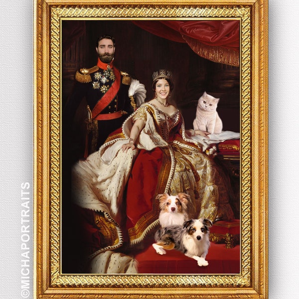 Couple+1,2,3 pets,Custom portrait,Royal portrait,Historical portrait,Cat portrait,Dog portrait,Personalized gift,Unique gift,Wedding gift