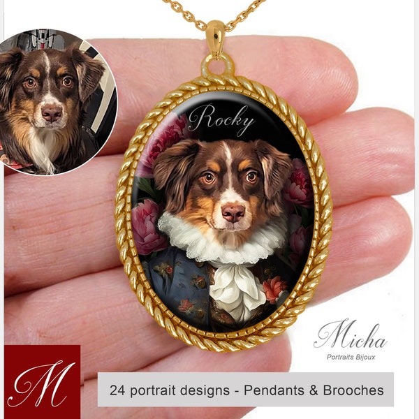 Bijou personnalisé,Portrait de votre animal sur pendentif/broche, Portrait souvenir,Tous animaux,Portrait sur tableau ancien ou fond pastel.