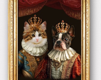 Portrait personnalisé 1,2,3 animaux,Portrait royal,Portrait chat,Portrait chien,Cadeau personnalisé,Impression Fine Art ou fichier digital