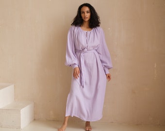 Robe en coton froissé, robe cottagecore, robe en mousseline, tunique en gaze, robe à manches bouffantes