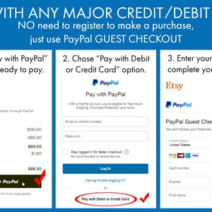 K&ouml;nnte beinhalten: Ein Screenshot einer Website-Checkout-Seite mit drei verschiedenen Zahlungsoptionen: Bezahlen mit PayPal, Bezahlen mit Debit- oder Kreditkarte und PayPal Guest Checkout. Die Option PayPal Guest Checkout zeigt ein Formular zur Eingabe von Kreditkarteninformationen, einschlie&szlig;lich Kartennummer, Ablaufdatum und CVC-Code.