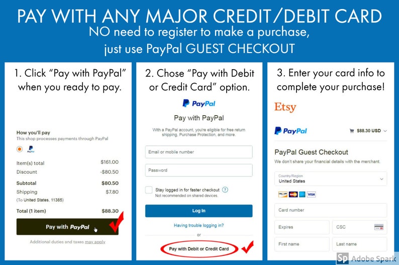 K&ouml;nnte beinhalten: Ein Screenshot einer Website-Checkout-Seite mit drei verschiedenen Zahlungsoptionen: Bezahlen mit PayPal, Bezahlen mit Debit- oder Kreditkarte und PayPal Guest Checkout. Die Option PayPal Guest Checkout zeigt ein Formular zur Eingabe von Kreditkarteninformationen, einschlie&szlig;lich Kartennummer, Ablaufdatum und CVC-Code.