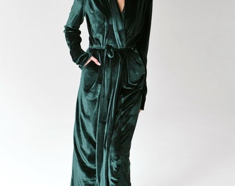 Green Long Velvet Robe for Women, Luxury Velour Bridesmaid Robe, Elegant Bridal Party, Wedding Morning Loungewear