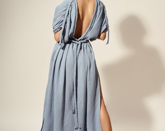Blaues Maxi Kleid aus Baumwolle Gaze, Boho Strand Kaftan Lange Tunika, Sommerkleid aus Reiner Natürlicher Baumwolle