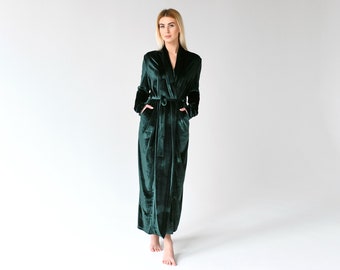 Brautjungfern-Robe, grüne Samtrobe, Samt-Kimono-Robe, Roben für Brautjungfern, lange elegante Robe, Brautparty-Robe